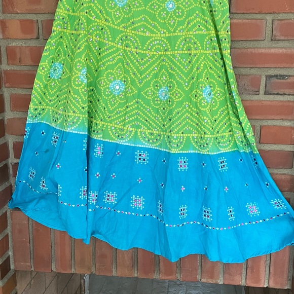 Boho one size adjustable Green and Blue Women's Skirt midi- max cotton sequined - Picture 6 of 6